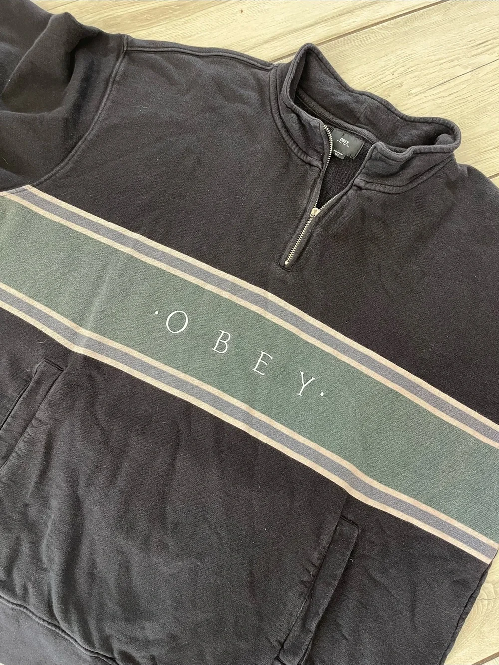 Obey Black Zip-Up Sweater with Grey Chest Stripe